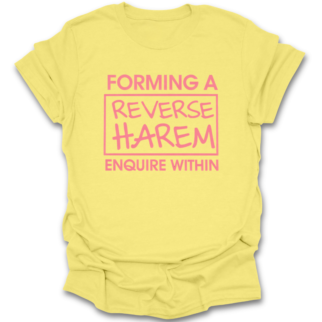 Yellow t-shirt with pink text on a white background. reverse harem shirt, romance reader shirt, book lover t-shirt, spicy book shirt, romantasy shirt, funny bookish tee, booktok romance shirt, reader merch, romance book lover gift, book club shirt