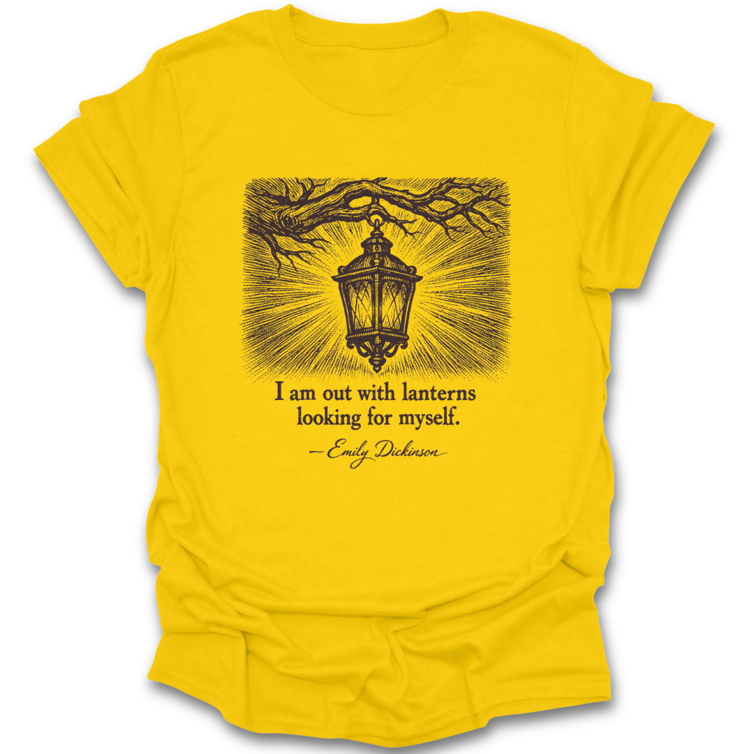 Yellow t-shirt with black lantern design and Emily Dickinson quote on a white background classics book reading literary t shirt