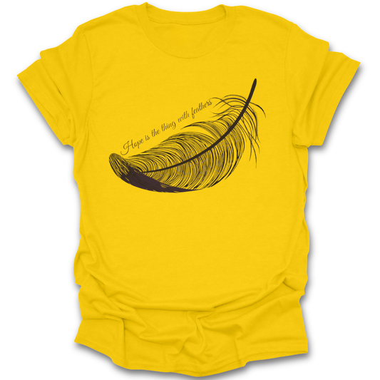 Yellow t-shirt with a black feather graphic and text on a white background Emily Dickinson shirt, hope is the thing with feathers shirt, poetry lover shirt, literary quote shirt, bookish shirt, poet shirt, English teacher gift, librarian gift, dark academia shirt, book lover gift.