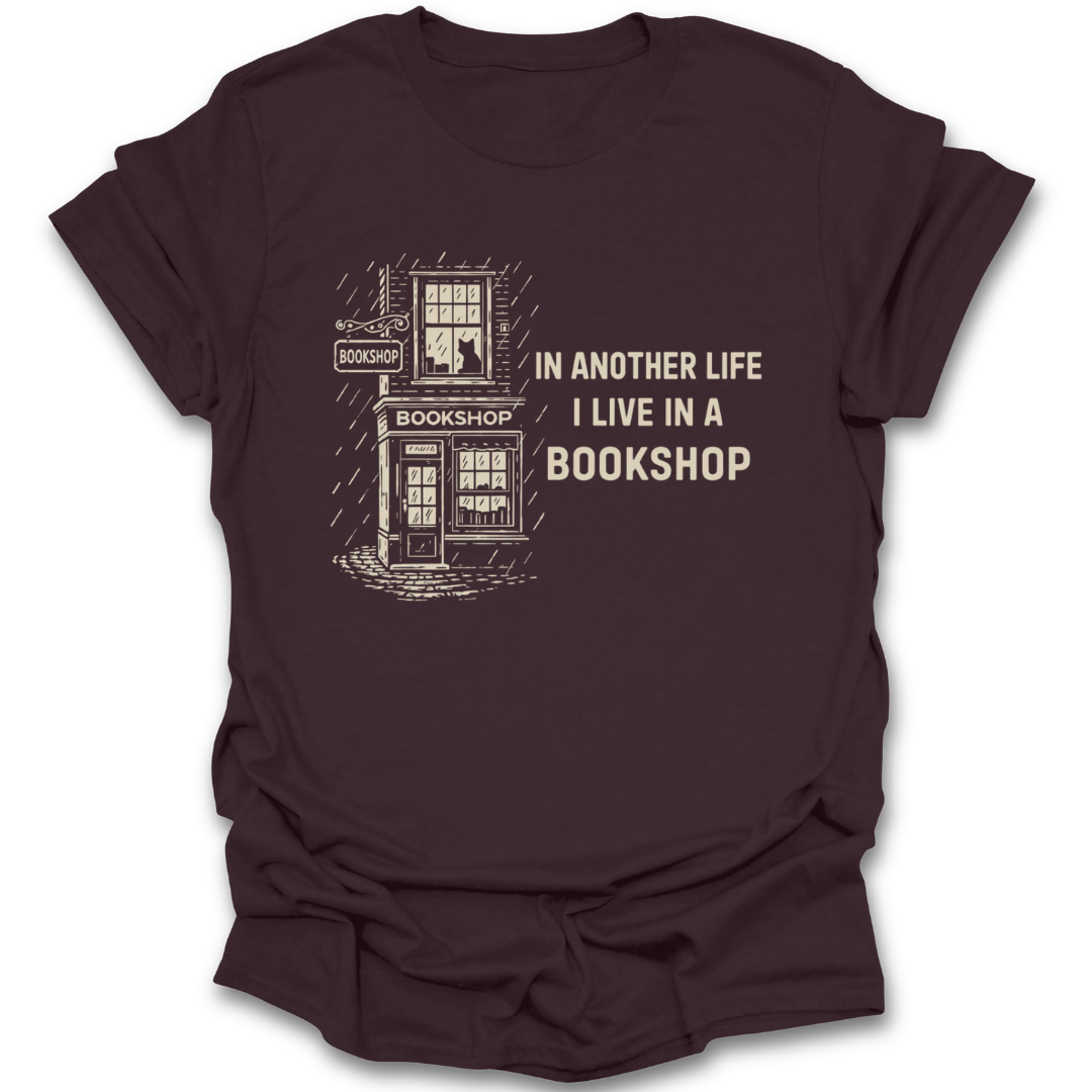 Brown t-shirt with bookshop graphic and text on a white background funny book reading literary t shirt