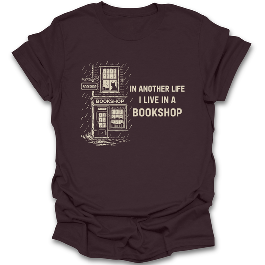 Brown t-shirt with bookshop graphic and text on a white background funny book reading literary t shirt