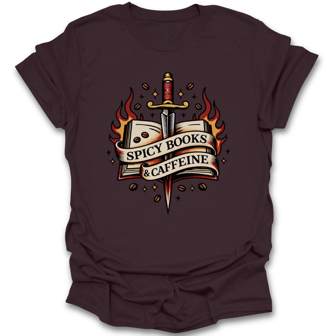 Brown t-shirt with a graphic design of a sword, book, and coffee beans on a white background. spicy books and caffeine shirt, romance reader shirt, book lover t-shirt, spicy book shirt, romantasy shirt, reading shirt for women, bookish apparel, coffee and books shirt