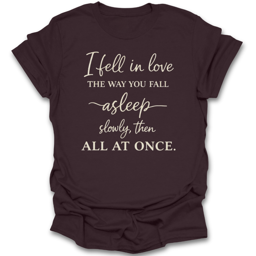 Brown t-shirt with white text on a white background romance book reading literary t shirt