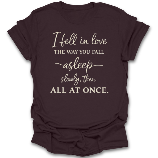 Brown t-shirt with white text on a white background romance book reading literary t shirt