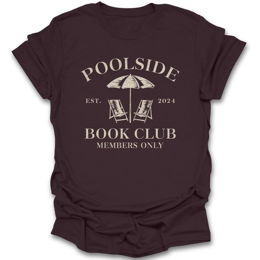 Maroon t-shirt with 'Poolside Book Club' graphic design on a white background