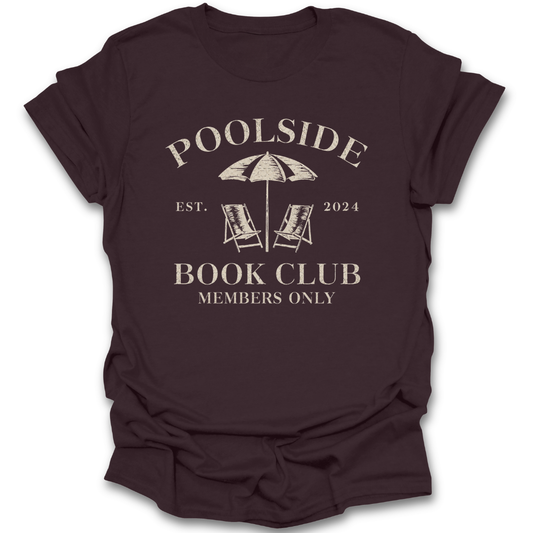 Maroon t-shirt with 'Poolside Book Club' graphic design on a white background