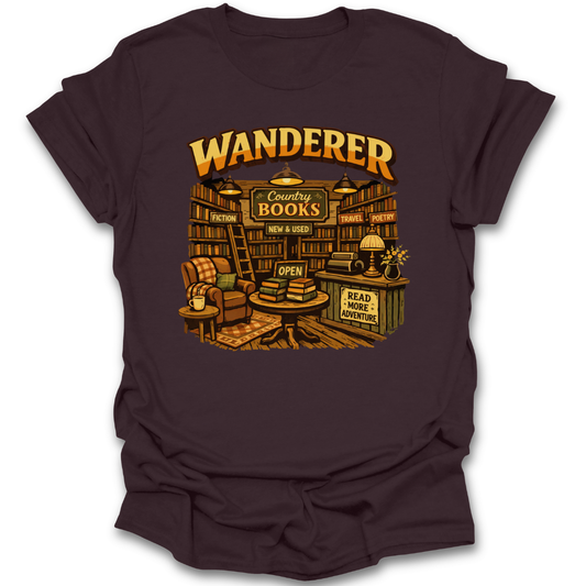 Brown t-shirt with 'Wanderer' bookshop graphic on a white background book lover shirt, bookstore shirt, reading t-shirt, bookworm shirt, literary shirt, cozy reader tee, indie bookstore shirt, used bookstore shirt, librarian gift, book club shirt, reader gift, bookish apparel, vintage book shirt, literature lover shirt.