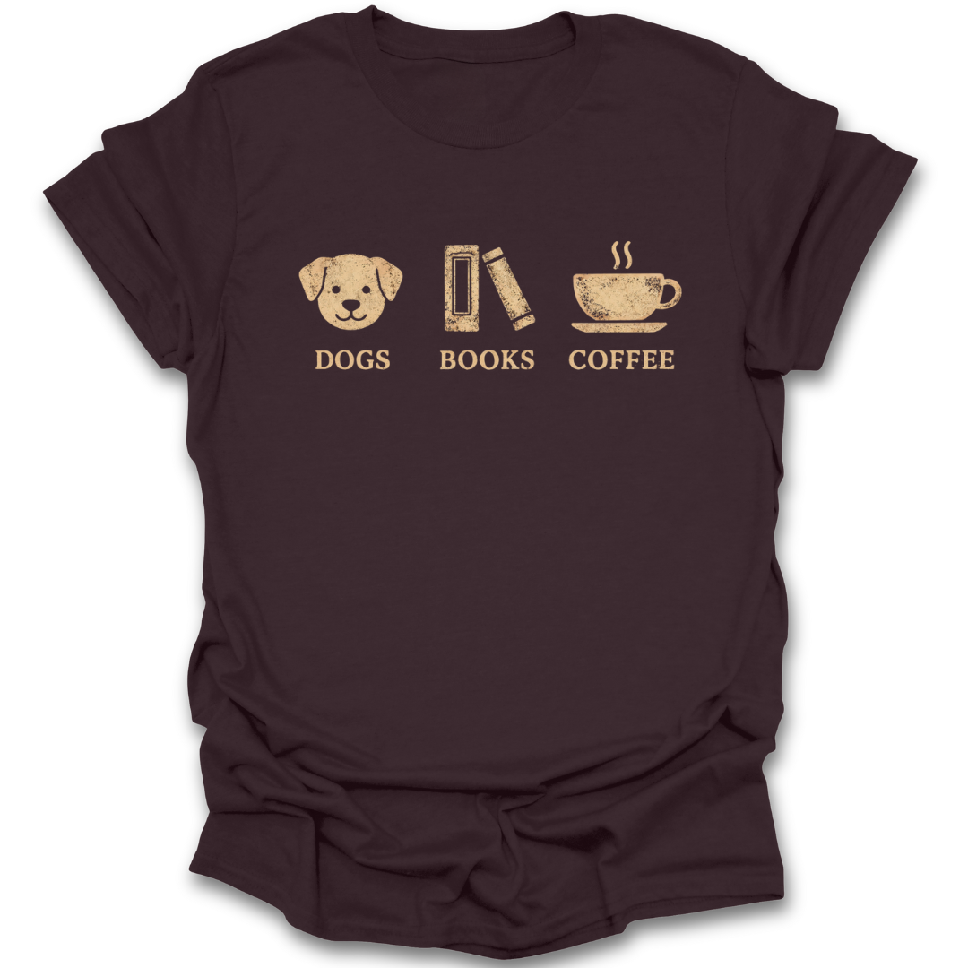 Brown t-shirt with dog, book, and coffee cup graphic and text on a white background book reading literary t shirt