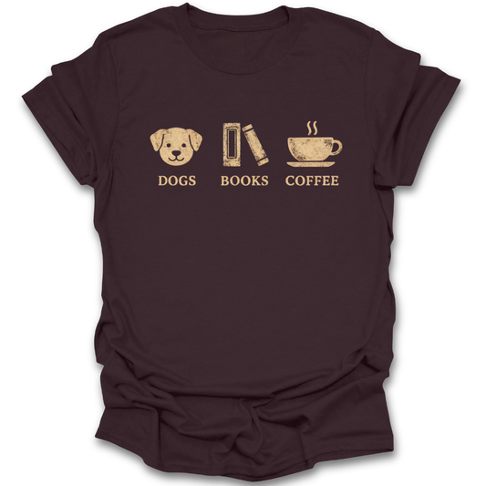 Brown t-shirt with dog, book, and coffee cup graphic and text on a white background book reading literary t shirt