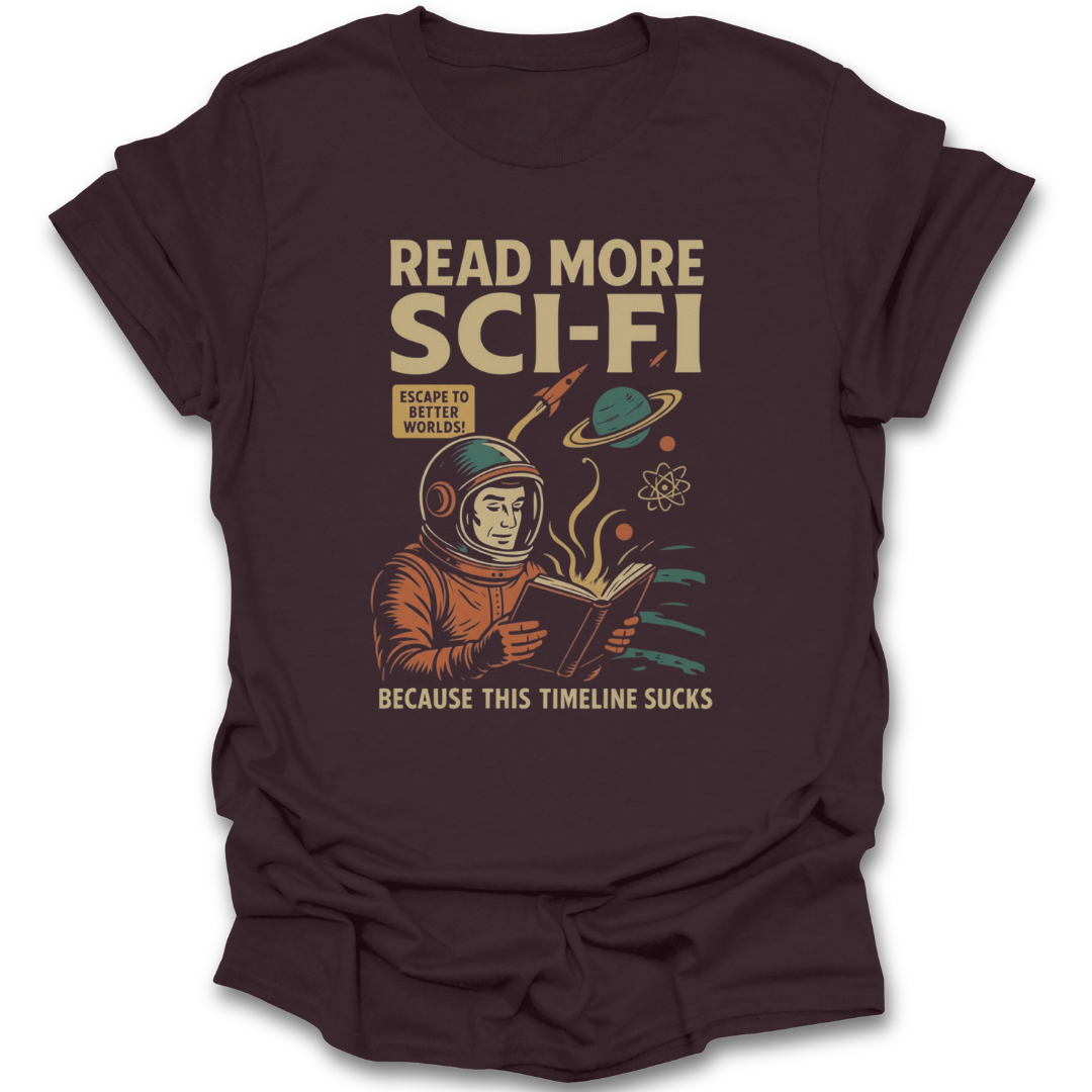 Brown t-shirt with an astronaut graphic and text on a white background science fiction sci fi funny book reading literary t shirt
