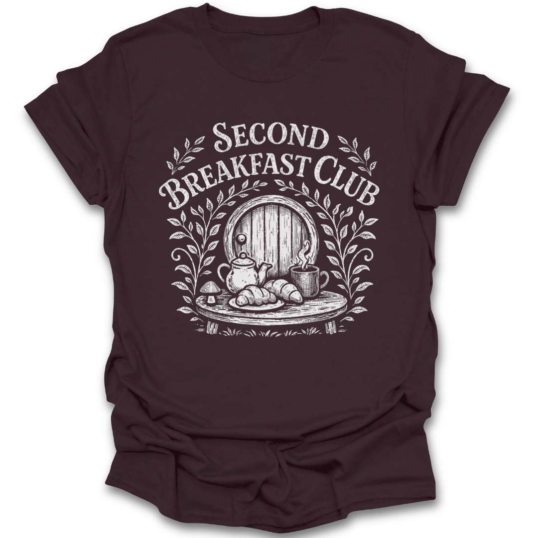 Brown t-shirt with 'Second Breakfast Club' graphic design on a white background. second breakfast shirt, book lover cozy tee, fantasy reader shirt, bookish aesthetic shirt, bibliophile gift, cozy reading apparel, bookworm shirt, cottagecore book tee LOR hobbit