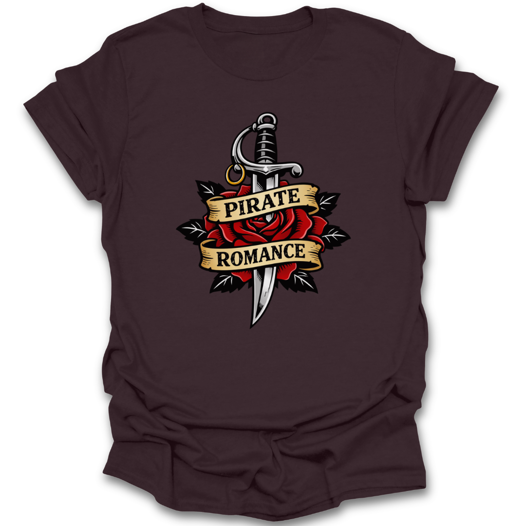 Brown t-shirt with 'Pirate Romance' design featuring a sword and rose on a white background  book reading literary t shirt