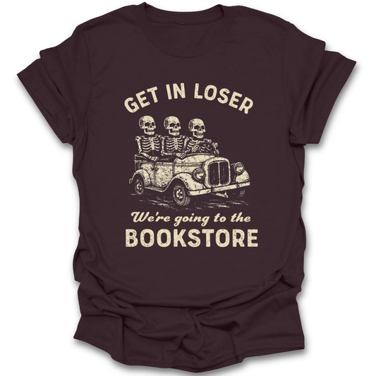 Maroon t-shirt with skeleton graphic and text on a white background funny book reading literary t shirt