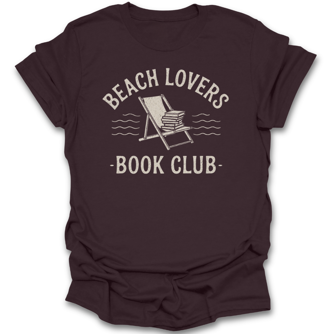 Brown t-shirt with 'Beach Lovers Book Club' text and graphic on a white background