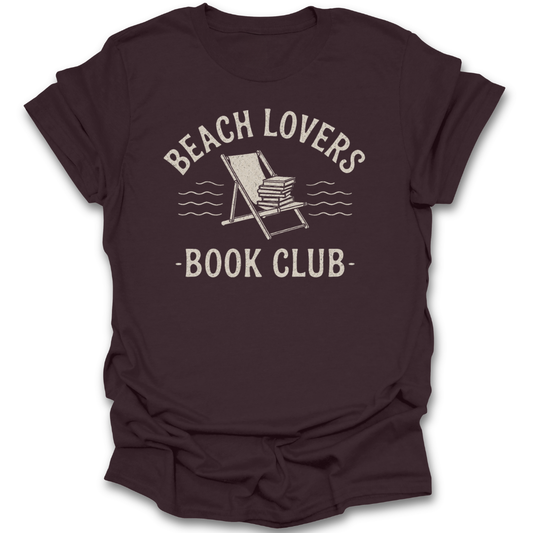 Brown t-shirt with 'Beach Lovers Book Club' text and graphic on a white background
