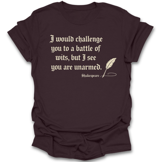 Brown t-shirt with Shakespearean quote on a white background funny book reading literary t shirt