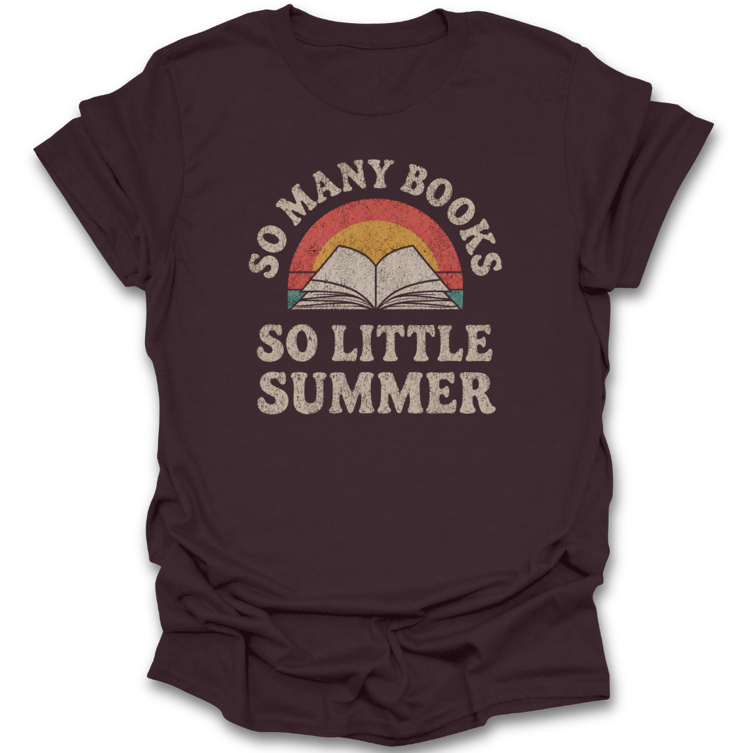 Brown t-shirt with 'So Many Books So Little Summer' graphic design on a white background