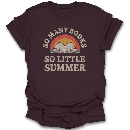 Brown t-shirt with 'So Many Books So Little Summer' graphic design on a white background