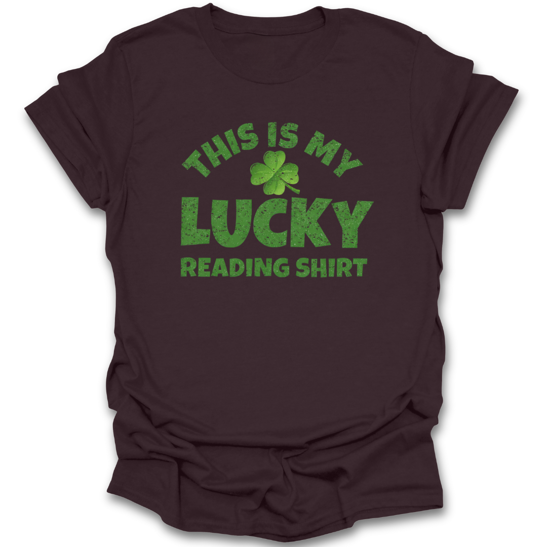Brown t-shirt with green text and shamrock on a white background funny book reading literary t shirt st patricks day