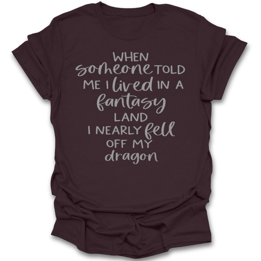 Brown t-shirt with white text on a white background funny fantasy book t shirt