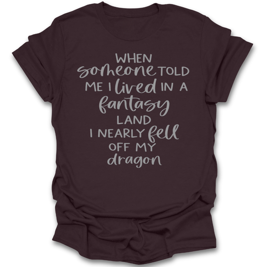Brown t-shirt with white text on a white background funny fantasy book t shirt