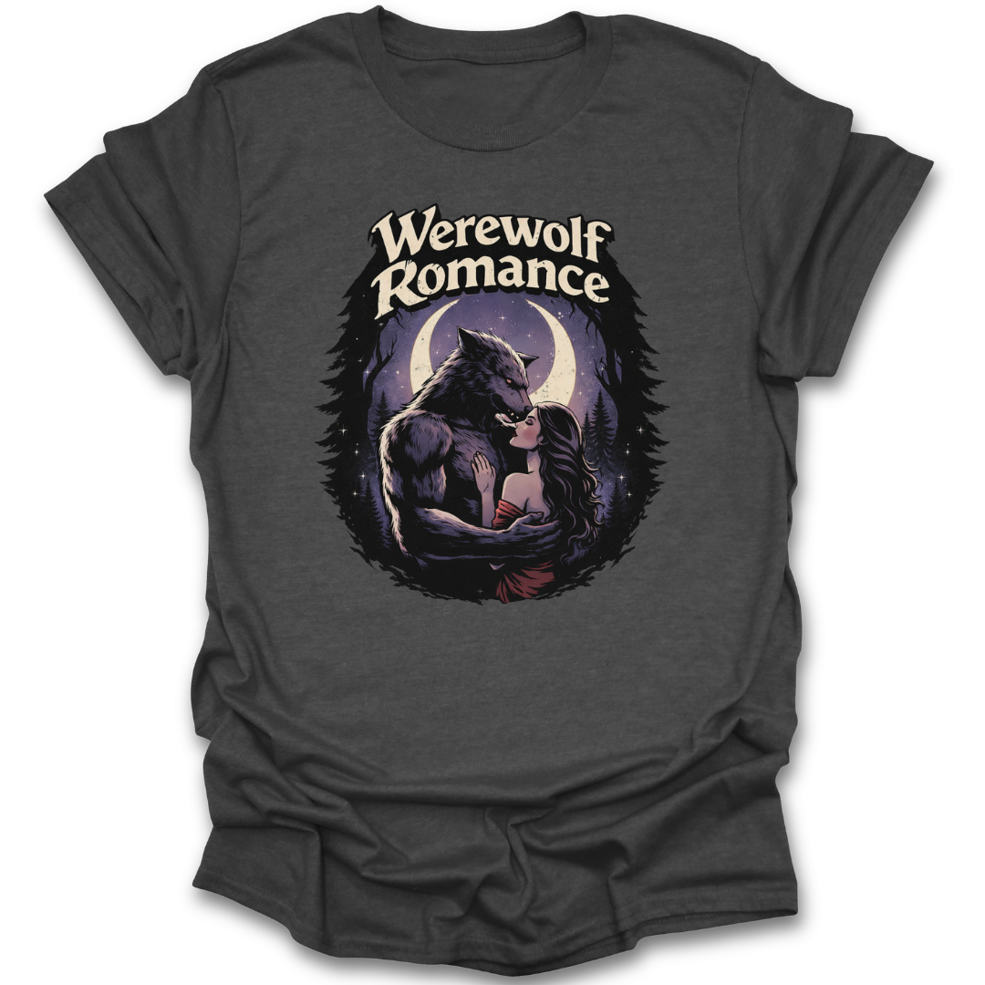 Dark gray t-shirt with a graphic of a werewolf and the text 'Werewolf Romance' on a white background. book reading literary t shirt