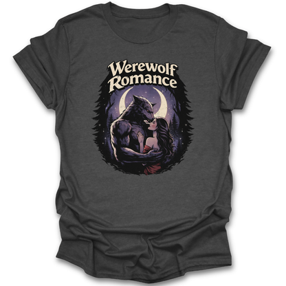 Dark gray t-shirt with a graphic of a werewolf and the text 'Werewolf Romance' on a white background. book reading literary t shirt