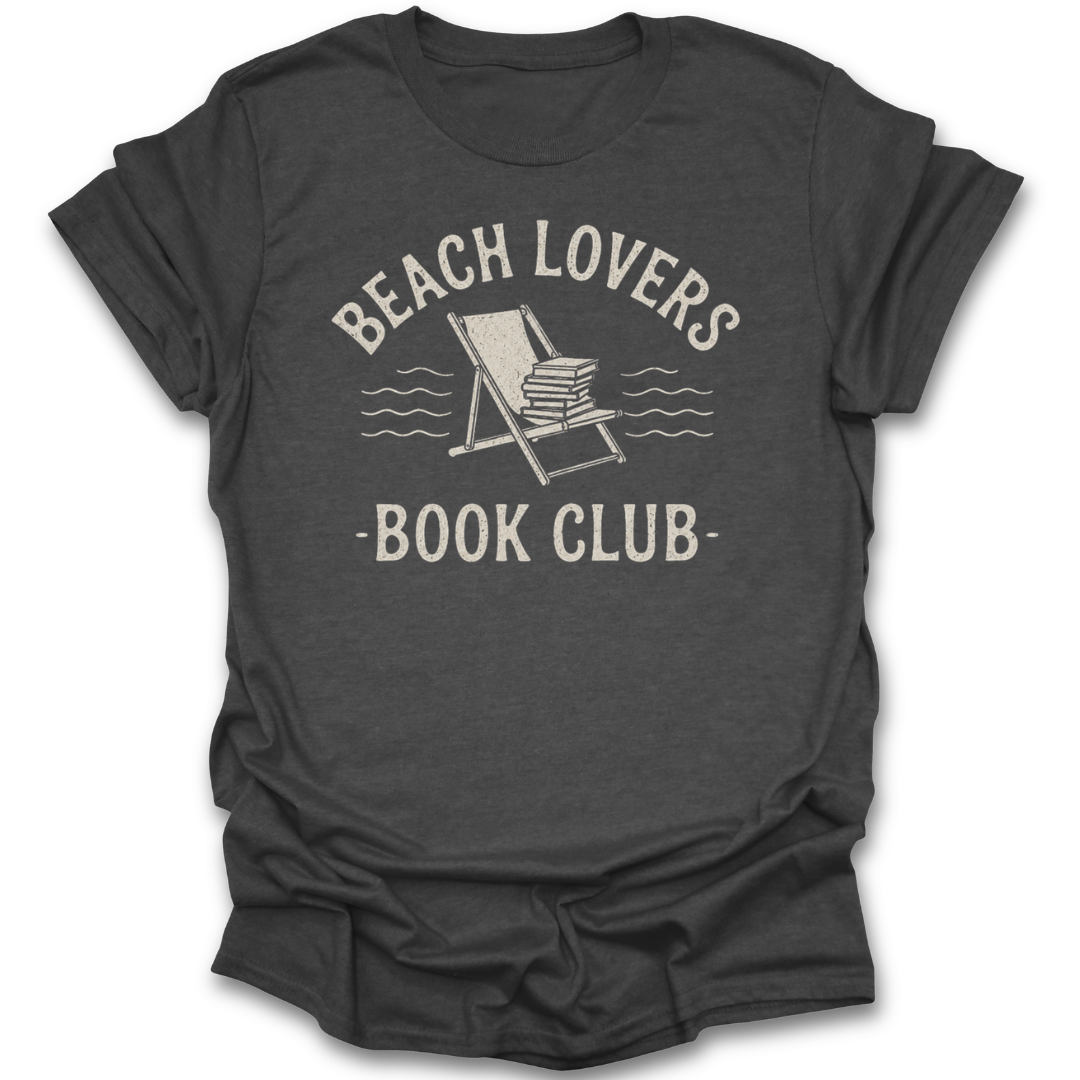 Dark gray t-shirt with 'Beach Lovers Book Club' text and graphic on a white background