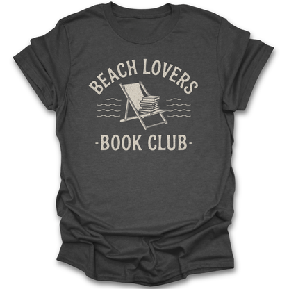 Dark gray t-shirt with 'Beach Lovers Book Club' text and graphic on a white background