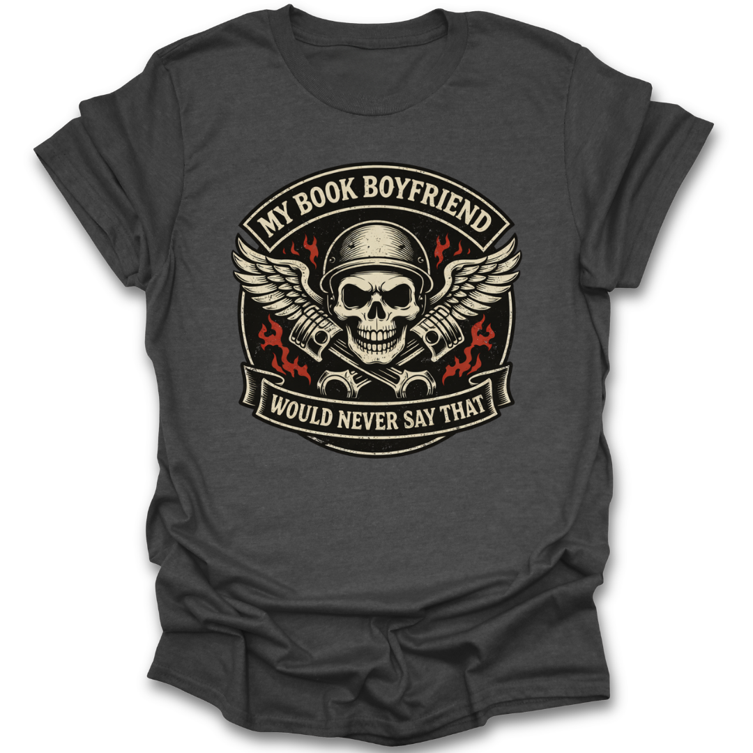 Dark gray t-shirt with skull graphic and text on a white background mc romance funny book reading literary t shirt
