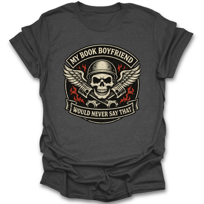 Dark gray t-shirt with skull graphic and text on a white background mc romance funny book reading literary t shirt