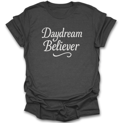 Dark gray t-shirt with 'Daydream Believer' text on a white background