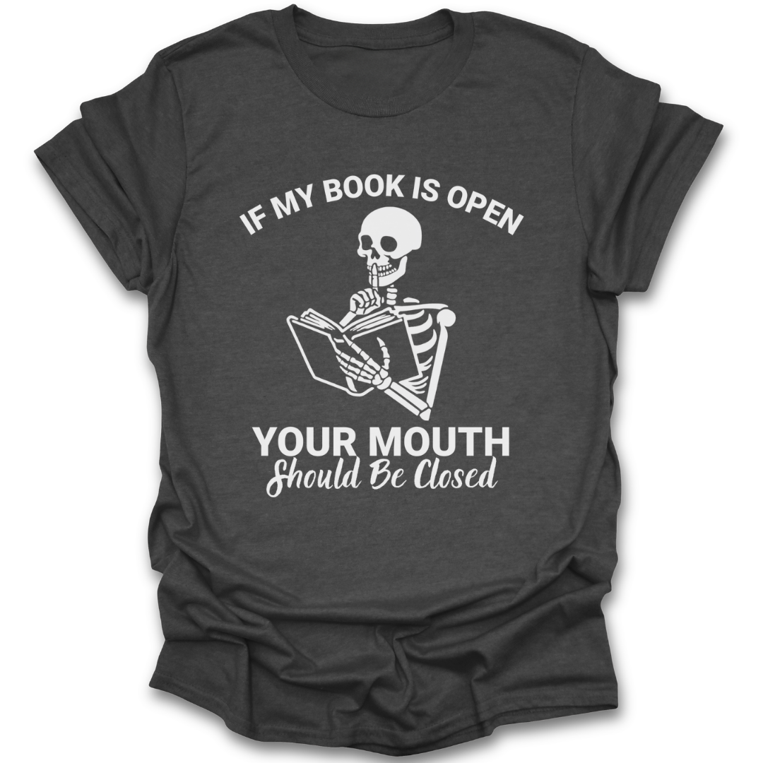 Dark gray t-shirt with skeleton graphic and text on a white background funny book reading literary t shirt