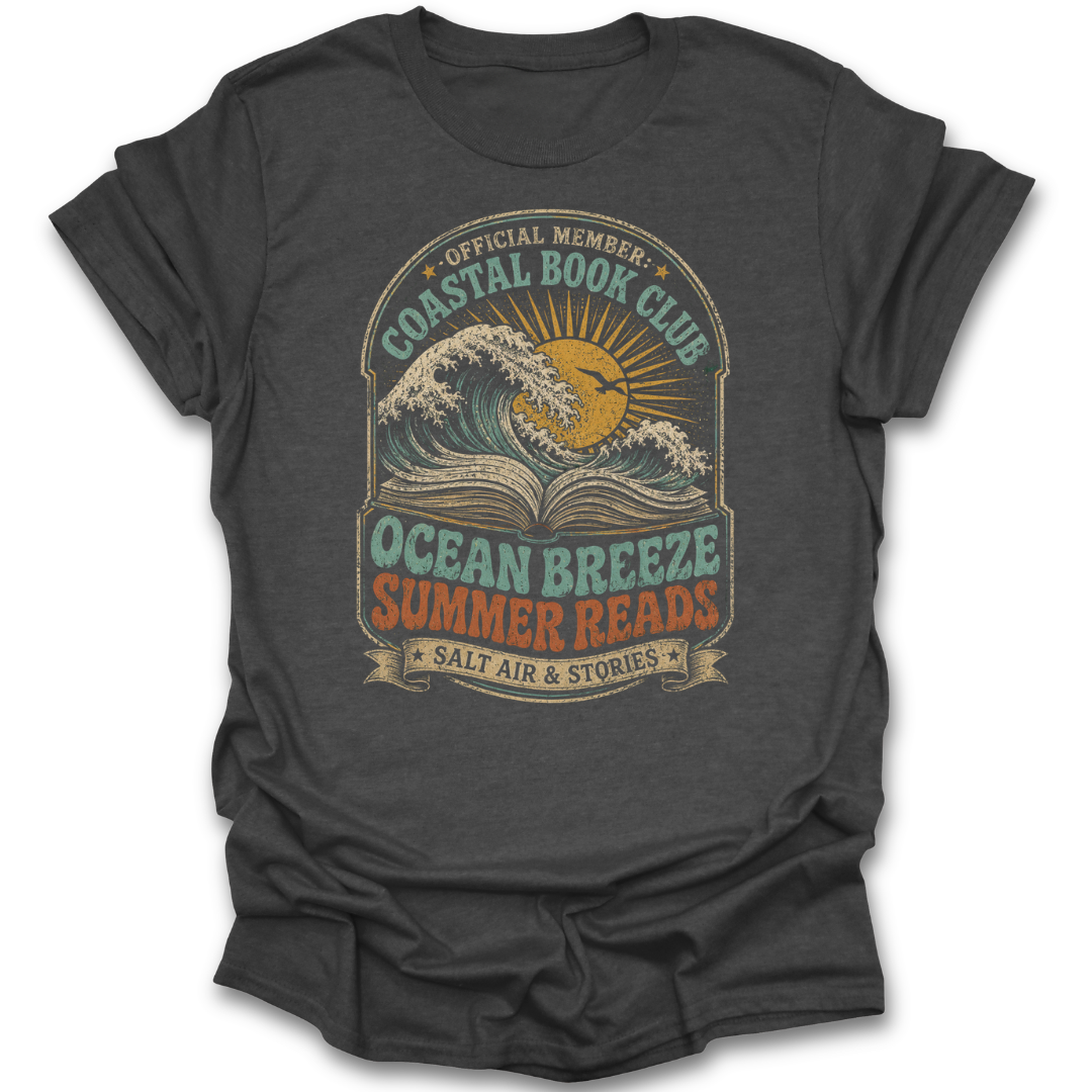 Dark gray t-shirt with 'Coastal Book Club' graphic design featuring a wave and sun.