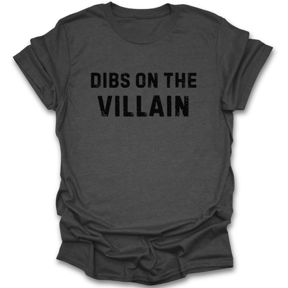 Dark gray t-shirt with 'Dibs on the Villain' text on a white background  dark romance mystery horror funny book reading literary t shirt