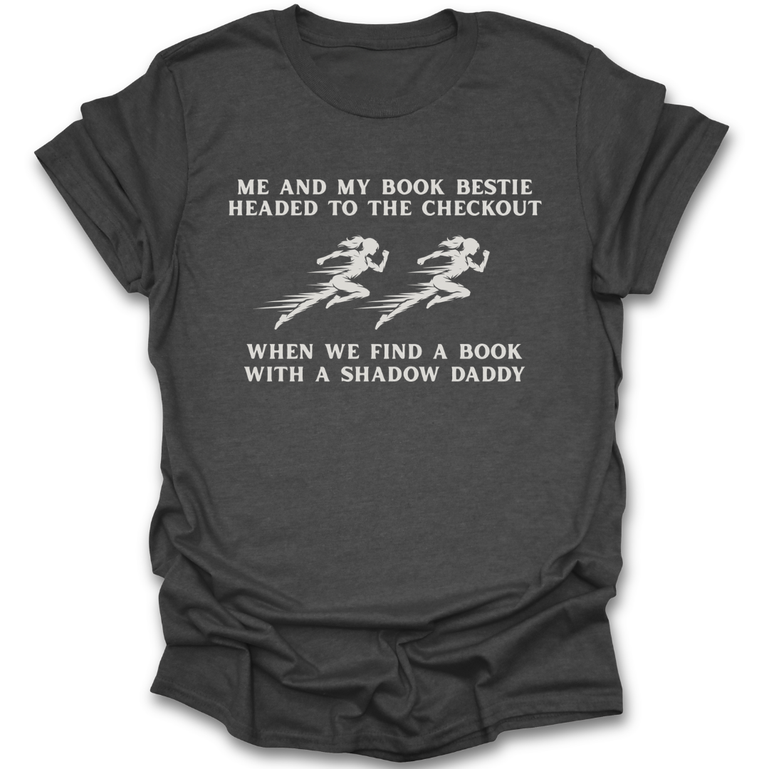 Dark gray t-shirt with white text and graphics on a white background romantasy fantasy funny book reading literary t shirt