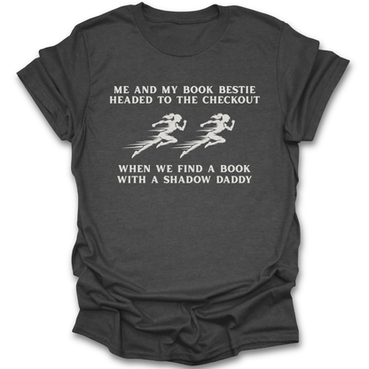 Dark gray t-shirt with white text and graphics on a white background romantasy fantasy funny book reading literary t shirt