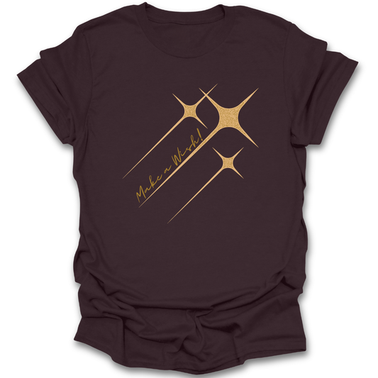 Brown t-shirt with gold star design and text on a white background fantasy fairy tale book reading literary t shirt