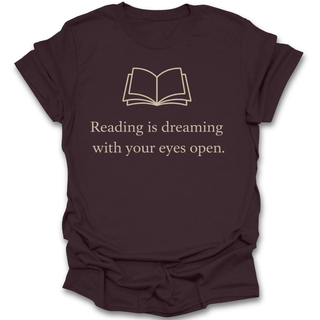 Brown t-shirt with book graphic and text on a white background funny book reading literary t shirt