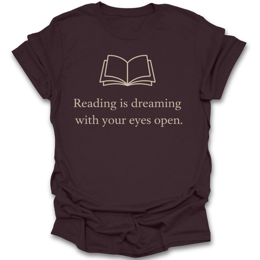 Brown t-shirt with book graphic and text on a white background funny book reading literary t shirt