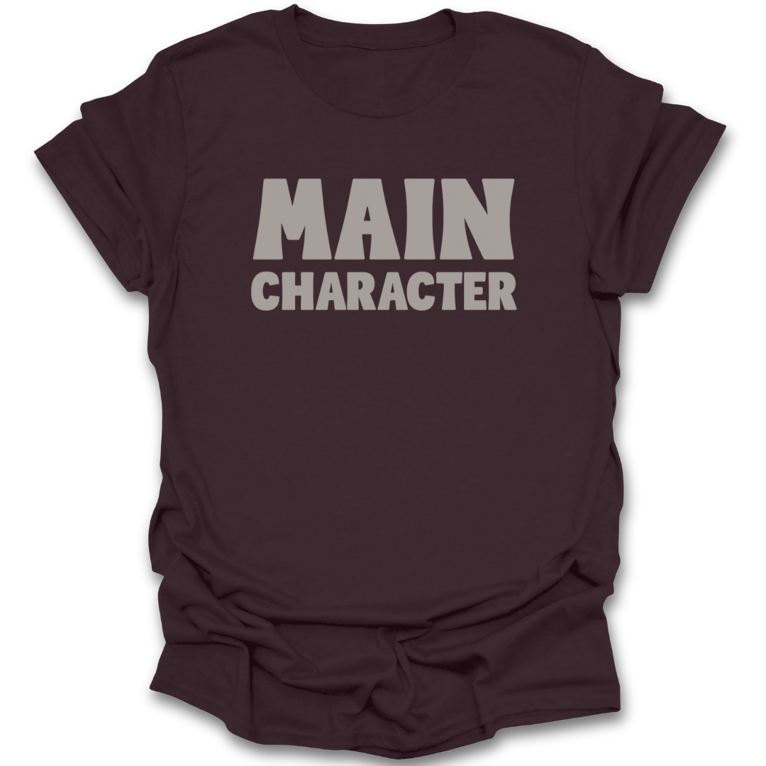 Brown t-shirt with 'MAIN CHARACTER' text on a white background funny book reading t shirt