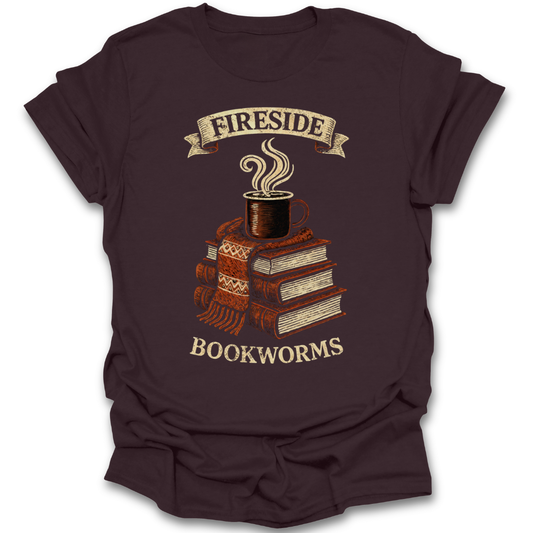 Brown t-shirt with 'Fireside Bookworms' graphic design on a white background book reading literary t shirt tee