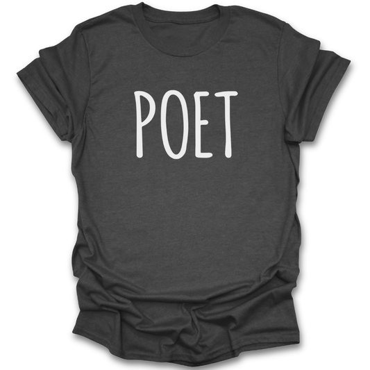 Dark gray t-shirt with 'POET' printed in white on a white background poetry t shirt