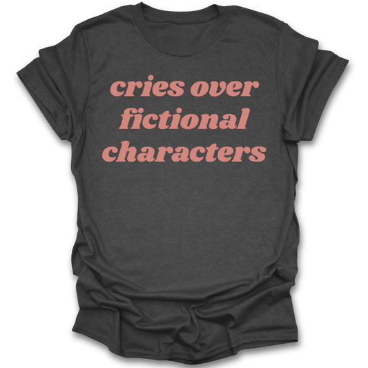 Black t-shirt with red text 'cries over fictional characters' on a white background romance tee t shirt