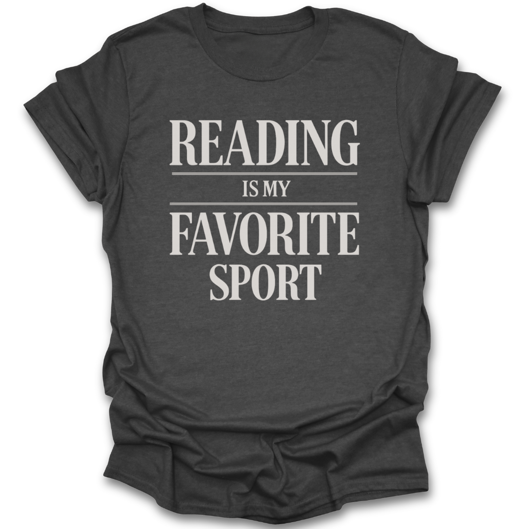 Dark gray t-shirt with 'Reading is my favorite sport' text on a white background funny book reading t shirt
