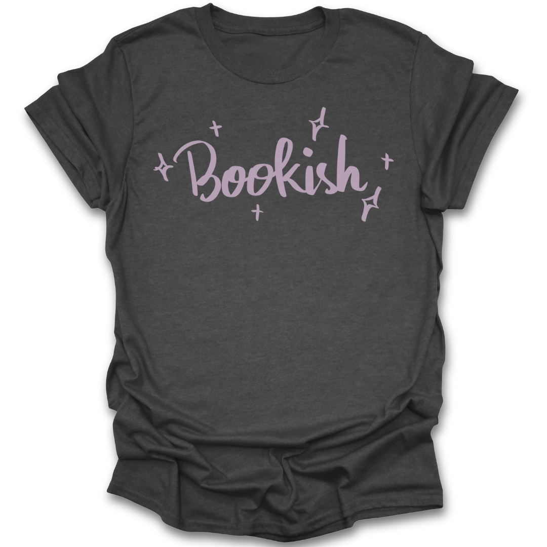Dark gray t-shirt with 'Bookish' text in pink on a white background book reading literary t shirt
