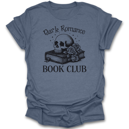 Blue t-shirt with 'Dark Romance Book Club' graphic design featuring a skull and roses on a white background.