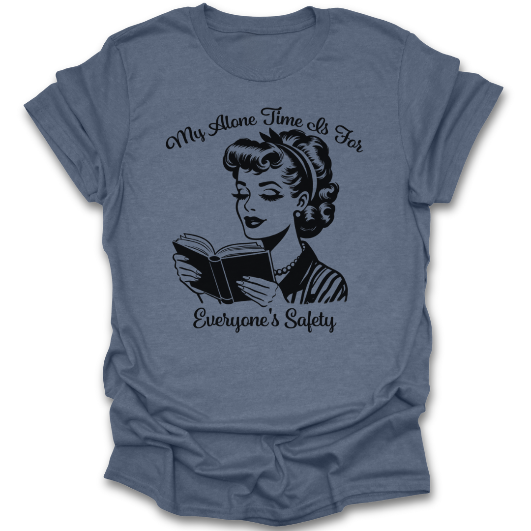 Blue t-shirt with a graphic of a woman reading a book and text on a white background readiing book tee t shirt