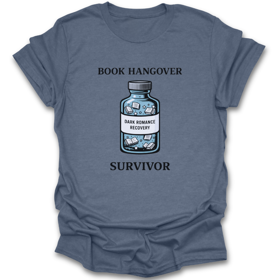 Blue t-shirt with a graphic of a bottle labeled 'Dark Romance Recovery' and text 'Book Hangover Survivor' on a white background. funny book reading literary t shirt
