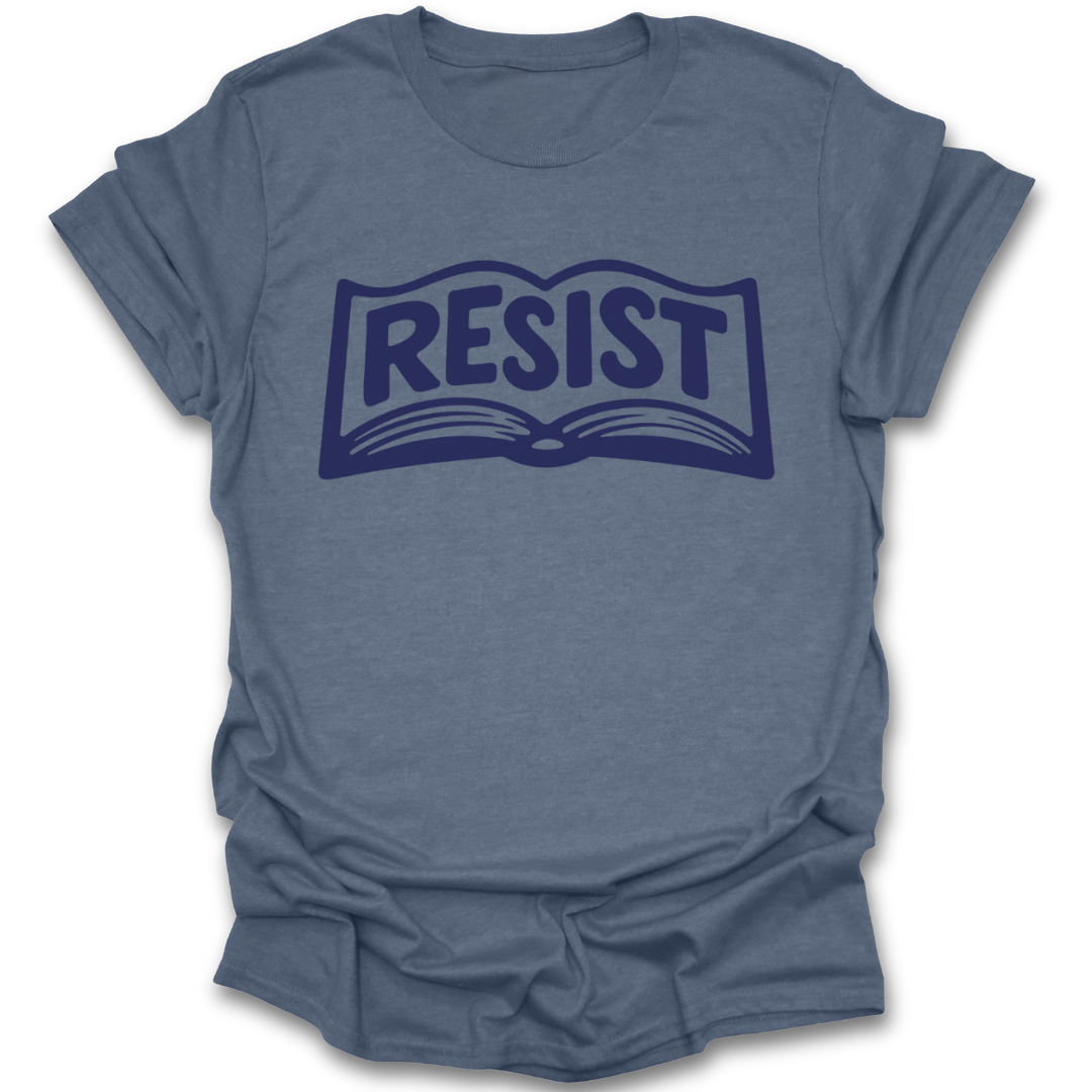 Blue t-shirt with 'RESIST' graphic on a white background book reading literary t shirt
